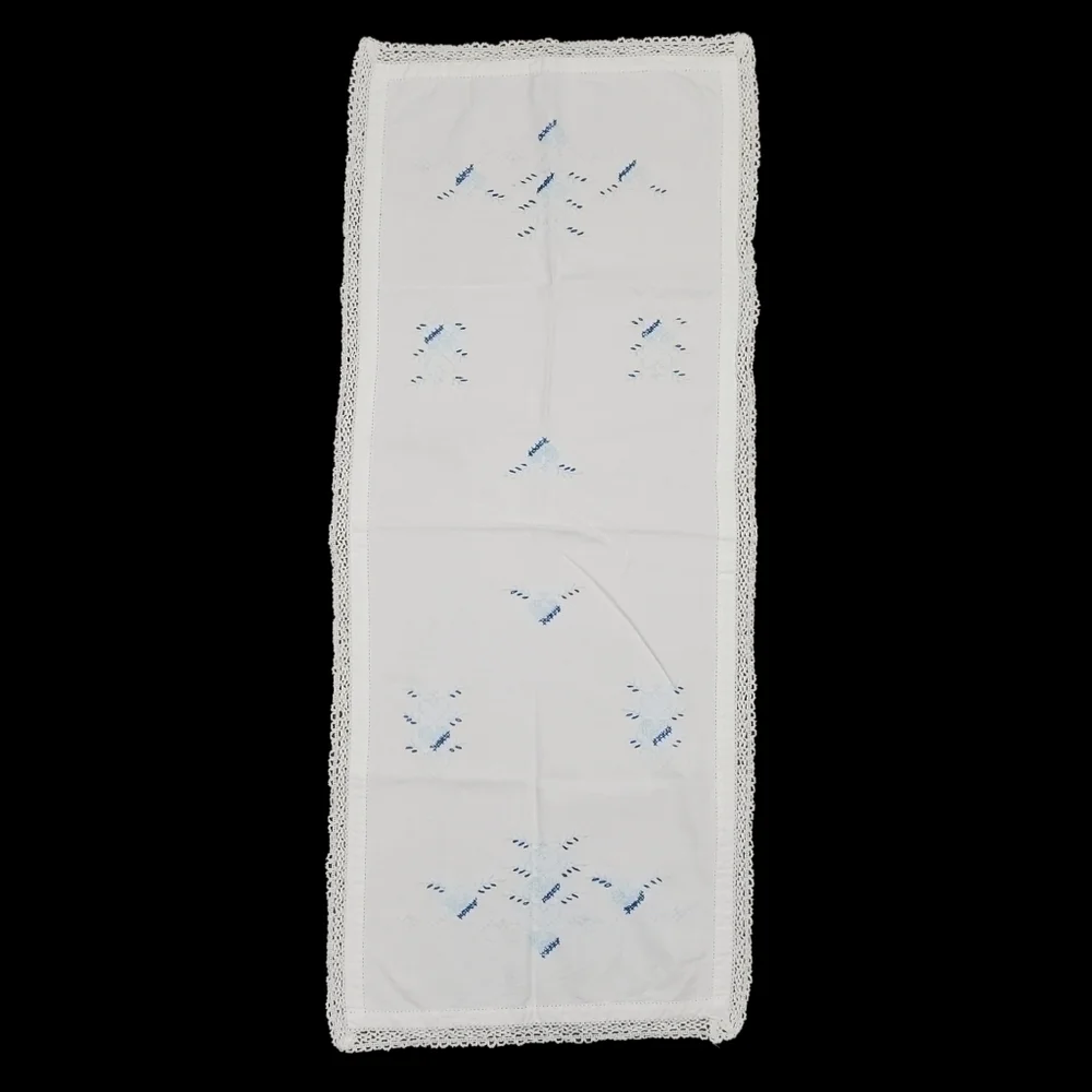 Embroidered Table Runner Dresser Scarf Heart Crochet Lace Blue White Vintage 36